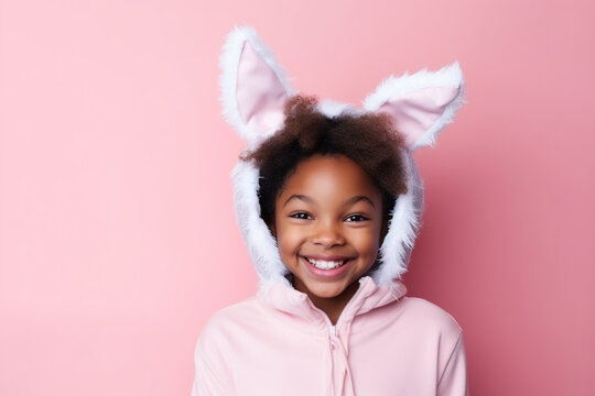 Cute Young African American girl Dressed as a Bunny for Halloween on an Pink Banner with Space for Copy