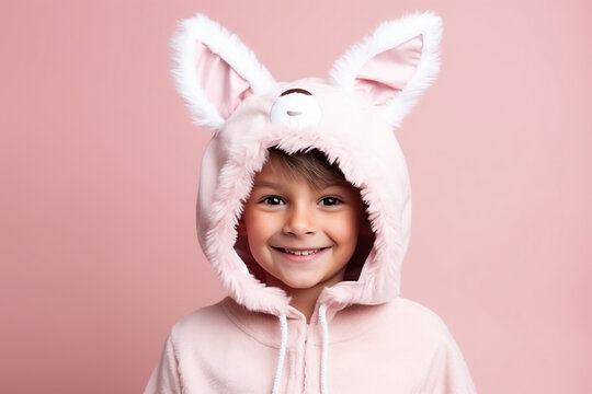 Cute Young boy Dressed as a Bunny for Halloween on an Pink Banner with Space for Copy
