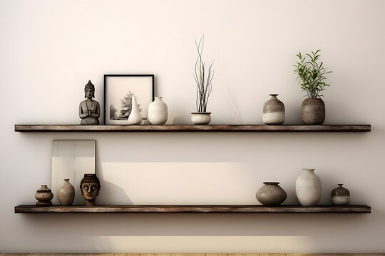 an empty wood shelf with plants, vases and a decorative frame on it, in the style of large canvas sizes, zen-inspired, light white and black, vibrant, lively, framing, light and airy, dotted 