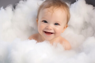 Extreme close up, Cute baby in bathtub with foam