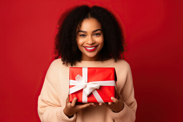 Fototapeta premium Happy African American Woman Holding a Red Christmas Present on a Red Background with Space for Copy