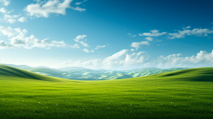 Obraz premium An idyllic countryside view featuring a green grassy field and a bright blue summer sky