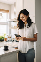 Happy Asian businesswoman discussing financial report over smart phone while standing at kitchen counter
