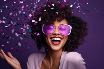 African American lady in 80s style clothes in sun glasses on nightclub with confetti isolated purple color background