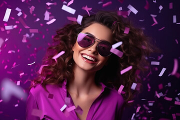 Woman in 80s style clothes in sun glasses on nightclub with confetti isolated purple color...
