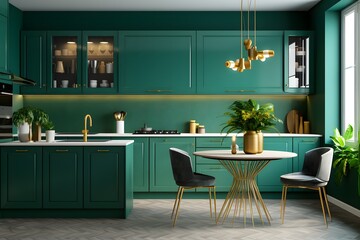 modern green kitchen with plants and white wooden floors, in the style of light gold and dark cyan, anglocore, traditional-modern fusion, 8k, bold chromaticity, eclectic design, flat