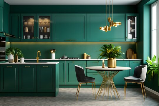modern green kitchen with plants and white wooden floors, in the style of light gold and dark cyan, anglocore, traditional-modern fusion, 8k, bold chromaticity, eclectic design, flat