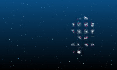 On the right is the rose symbol filled with white dots. Background pattern from dots and circles of different shades. Vector illustration on blue background with stars