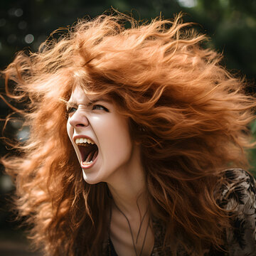 Portrait of a person,woman,roaring like a lioness.