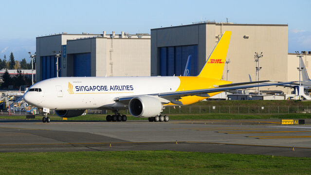 Everett, WA, USA - November 11, 2023; Singapore Airlines and DHL partnership aircraft in joint livery of the companies