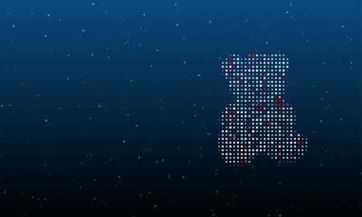 On the right is the teddy bear symbol filled with white dots. Background pattern from dots and circles of different shades. Vector illustration on blue background with stars