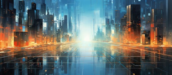 The abstract painting depicted a futuristic cityscape where technology and data communication seamlessly integrated reflecting the concept of information technology and the symmetrical bala