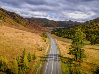 The aerial photo of Chui tract road goes through the autumn landscape, the yellow and green hills and forests of Altai mountains in Russia during the cloudy november day.