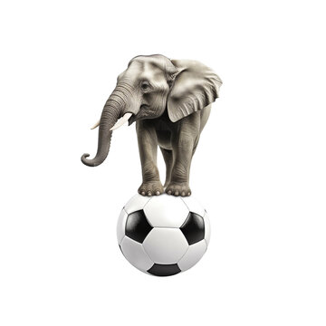 Elephant balancing on the football ball isolated on transparent background
