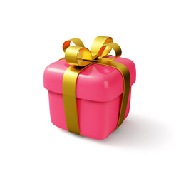 3d render cartoon stylized icon of pink gift box with beautiful yellow ribbon bow for present, birthday or wedding banners isolated on white background.