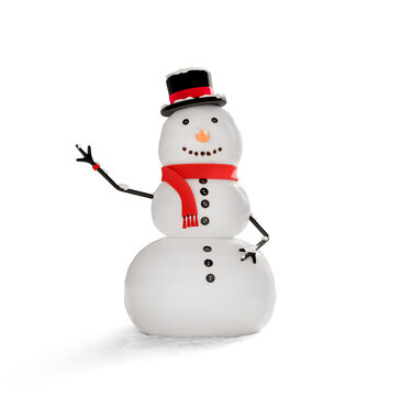 3d render cartoon stylized icon of Snowman in Red Hat, Scarf  isolated on white background.
