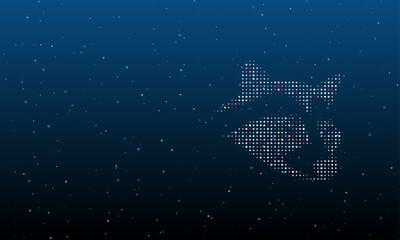 On the right is the raccoon head symbol filled with white dots. Background pattern from dots and circles of different shades. Vector illustration on blue background with stars