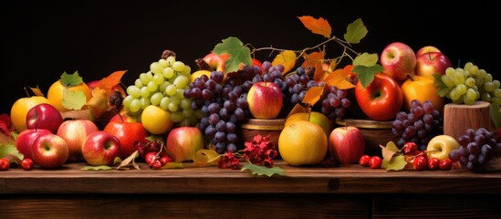 The background of the autumn table was filled with the vibrant colors of nature showcasing a variety of healthy and colorful fruits such as green apples and orange oranges enticing everyone