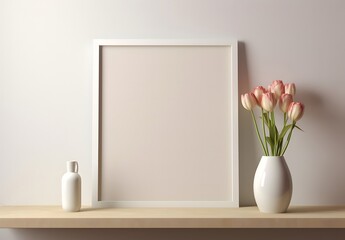 white blank poster frame on shelf with vase of flowers and flowers, in the style of light brown and beige, light indigo and light beige, vibrant hues master, 8k resolution, nature morte, superflat, br - obrazy, fototapety, plakaty