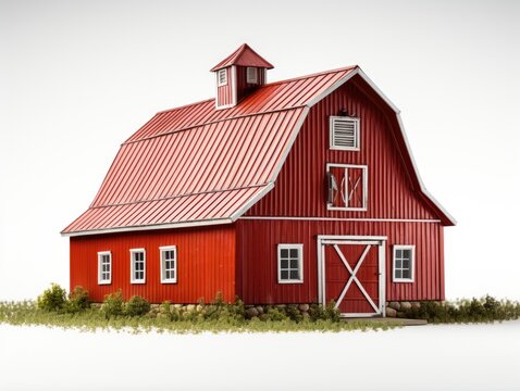 A red barn with a red roof on a white background.