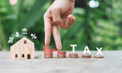 Rising home interest rates, paying taxes on housing and property shows mandatory financial fees, types of taxation levied on taxpayers, real estate, inflationary investments, loans, house mortgage. - obrazy, fototapety, plakaty
