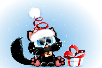 Funny cute black cat in Santa Claus hat sitting near the Christmas gift box under snowfall. 