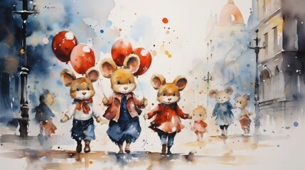 Obraz na płótnie Canvas Cartoon mice with red balloons run through a wet fairytale city, watercolor style