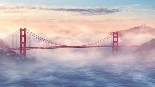  a picture of the golden gate bridge in san francisco, california with a foggy sky and mountains in the background.  generative ai