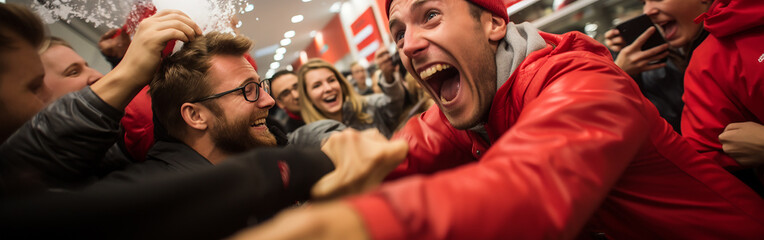 Midnight shopping on Black Friday, when shoppers fight for the opportunity to be the first to get into the store and buy goods at a discount. 