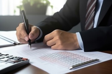 Accountant in suit works with reports counting data on calculator and filling out forms