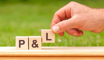 P and L concept of governance and social environment. hand holding wooden cube with letter L