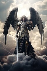 Archangel Michael with wings in knight armor with sword rises in sky standing at protection of - obrazy, fototapety, plakaty