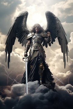 Archangel Michael with wings in knight armor with sword rises in sky standing at protection of