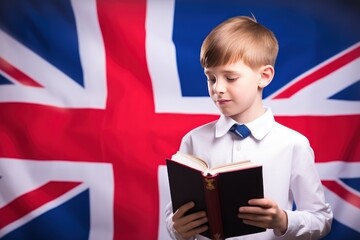 British student in school uniform stands with open book with flag of Great Britain in background