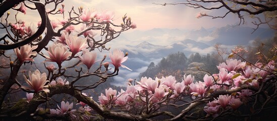 One can appreciate the beautiful natural background of the spring garden with its pink magnolia...