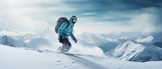 Man in a snowsuit is snowboarding on a mountain