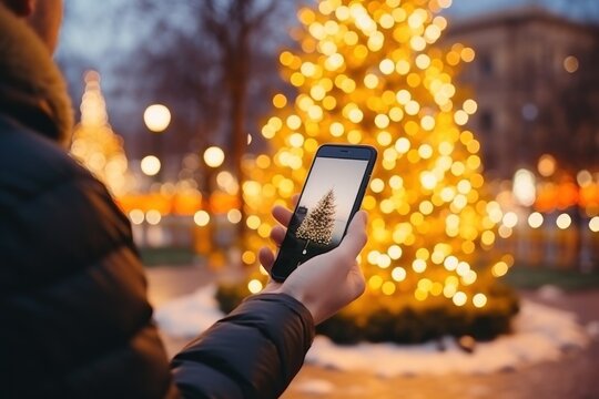 Guy takes photos of brightly decorated Christmas trees with garlands on modern phone in winter