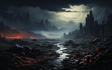 Naklejka premium a dark, magical, ruined castle 