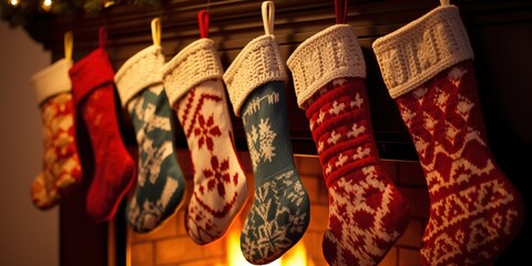 Beautiful fireplace decorated for Christmas with socks, generative ai