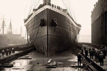 AI-made photo of the Titanic's design and bustling activity of shipyard evoke a sense of historical significance frozen in time. The image reflects the ambition and optimism of an era before tragedy - obrazy, fototapety, plakaty