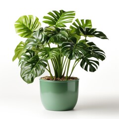 A potted plant with green leaves on a white background. Realistic clipart on white background Monstera in ceramic pot.