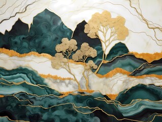Abstract art marble wallpaper for wall decor. Abstract marbling landscape in asian style. Malachite mountains and gold waves on a white marble background