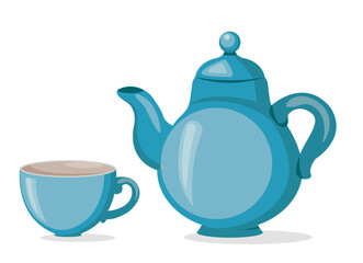 Flat blue vector kettle and cup , teapot. Kitchenware, kitchen utensils. Coffee pot. Time to drink tea. Coffee cup