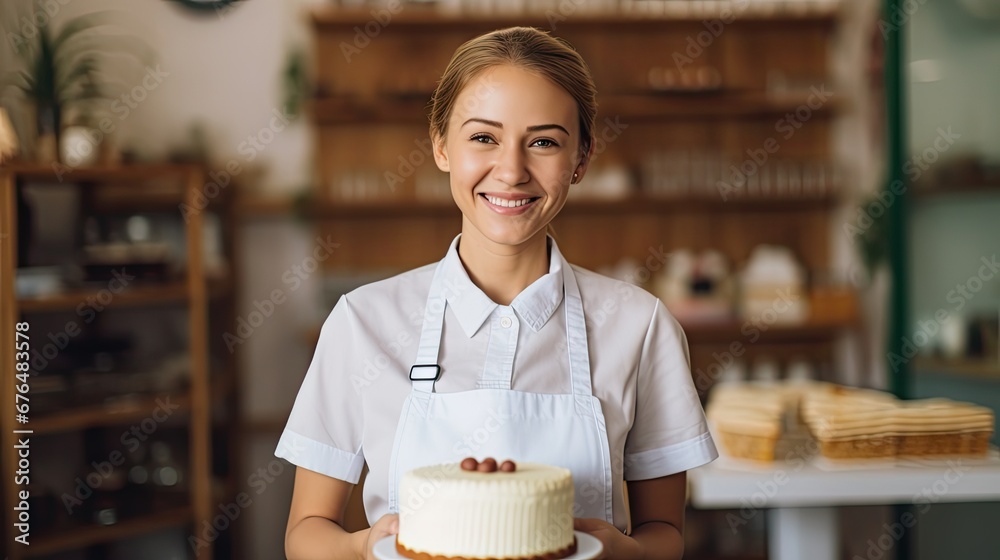 Poster  a woman in an apron holding a cake in front of a counter with pastries on it and a clock in the background.  generative ai