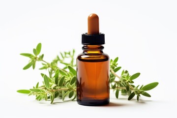 A bottle of essential oil next to a sprig of thyme. Dark glass bottle on white background.