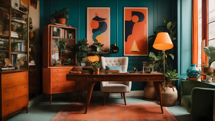 An eclectic home office with a mix of vintage and modern furniture, vibrant colors, and unique decor items.
