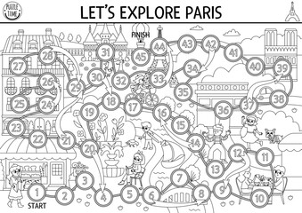 France black and white dice board game for children with Eiffel Tower, castle. French line boardgame with traditional symbols. Printable touristic activity or coloring page.