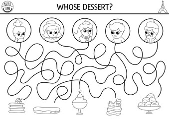 France black and white maze for kids with people and traditional French desserts. Preschool printable activity. Labyrinth game, puzzle, coloring page with eclair, mousse, profiterole, merengue.