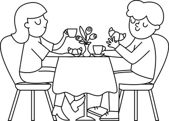 Black and white pair sitting by the table, eating croissants and drinking coffee or tea. Vector line illustration with French people. Cute characters icon or coloring page.