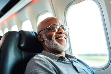 Happy old man goes on summer vacation by plane sitting next to window looking out down on landscape.